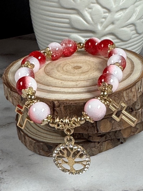 Jewelry - Gold Tree of Life Charm Bracelet - Pink & Red Beaded Women’s Jewelry